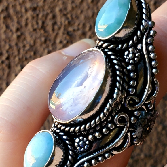 New Rose Quartz & Larimar 925 Silver Statement Ring. - Picture 6 of 15